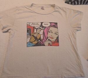 Re/Done Cream Graphic Comic Strip Tee with Pink Accent